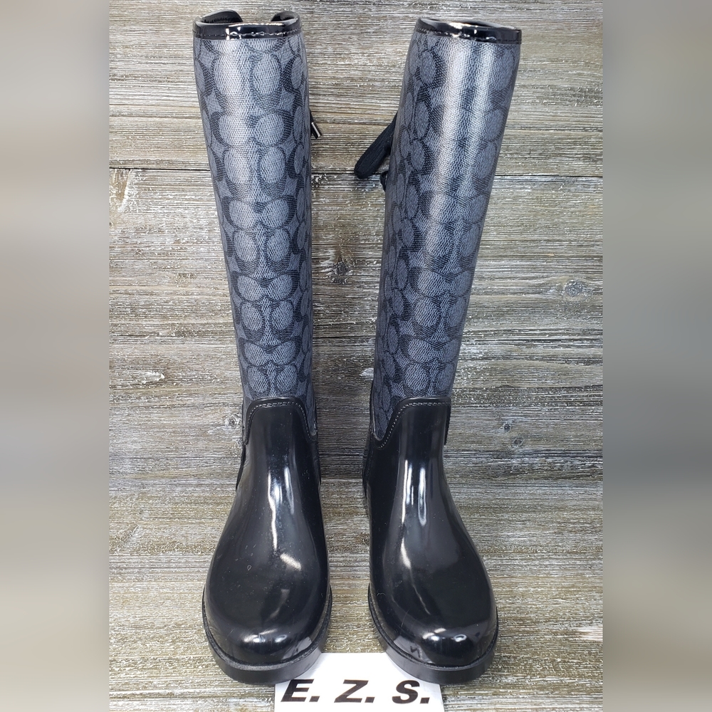 COACH Black Jacquard Rubber Rain Boots Women Size 7 - Picture 6 of 8